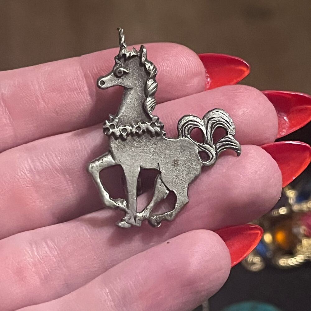 METZKE vintage silver pewter metal handcrafted unicorn brooch pin collectible